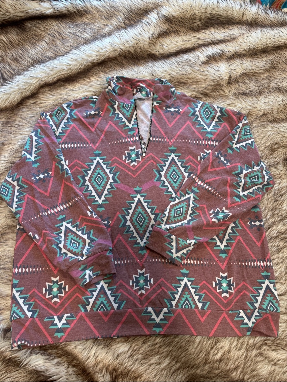 Sew In Love Aztec Quarter-Zip Pullover - Brown Teal Pink Cream